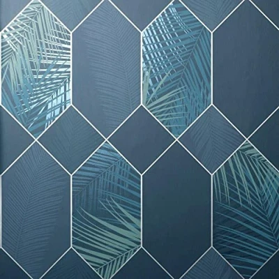Image of Full Roll Navy Silver Miami Wallpaper Tropical Jungle Geometric Metallic