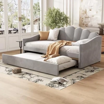 Image of BTM Upholstered Single Bed, 3FT Day 90x190cm Trundle Bed with (90x175cm), Pull Out Sofa Grey Velvet