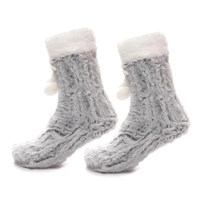 Image of A2Z Ladies Furry Loung Socks Sherpa Lining Pompom Chunky Knit Fur LS1254 Grey 4 8