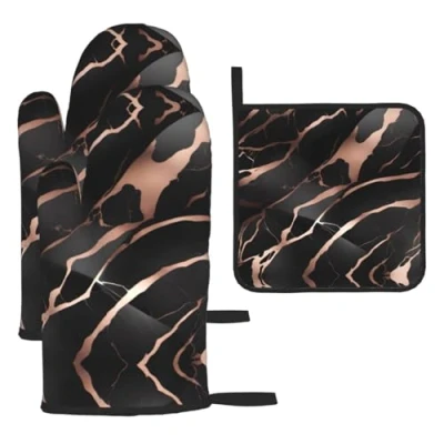 Image of Black Rose Gold Marble Oven Mitts and Potholders BBQ Gloves Holders for Cooking Baking (3 Piece Set)