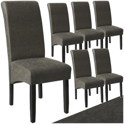 Image of TecTake® Set of 6 Dining Chairs with Faux Leather Covers &amp; Solid Hardwood Legs, Chair Ergonomic Design, Padding High Backrests, Ideal as Kitchen Marbled Grey
