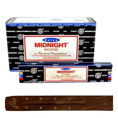 Image of Original Satya Nag Champa Midnight incense sticks with M&amp;J holder Full Box for Aromatherapy, Spa, Yoga, Weddings, Meditation, Healing, Positivity and Relaxation