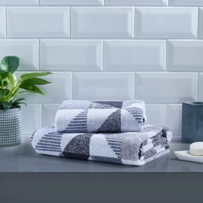 Image of Fusion Grey Monochrome Bath Towel (70 x 130cm) 100% Cotton Soft Touch Geometric Triangle Shape Large, Bathroom Accessory Hendra Collection