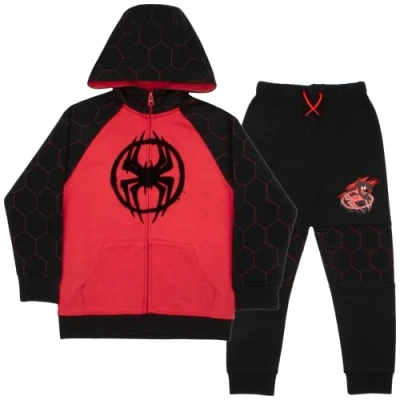 Image of Marvel Spider Man Across the Spiderverse Hoodie and Joggers 2 Pack, Boys Spiderman Hooded Sweatshirt Active Sweatpants Bundle, Red/Black, 8