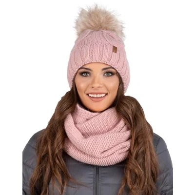 Image of Vivisence Stylish Women&#039;s Winter Set Including Pompom Hat and Cozy Snood Scarf Made from Soft Warm Fabric Smooth Fleece Lining Ideal for Cold Days, Light Pink,UNI