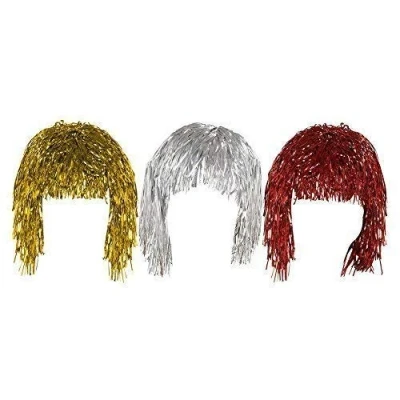 Image of Set of 3 Gold Silver &amp; Red Adult Fancy Dress Shiny Metallic Foil Tinsel Wigs Costume Accessory