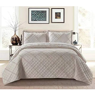 Image of Householdfurnishing 3 Piece Quilted Bedspread Bed Embossed Bedding Set Throw Comforter with Pillow Shams (Ruffle Mink, King)