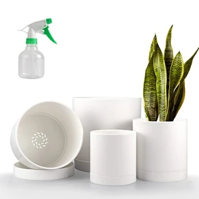 Image of PETAFLOP Plastic Plant Pots, 4 Pack 4/5/6/7 Inch Flower Pot with Drainage Hole &amp; Saucers, Small Garden Planters for Indoor Outdoor Plants, White (+Mini Sprayer)
