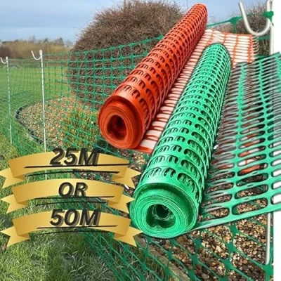 Image of Smith &amp; Barker Barrier Fencing Mesh Roll 130gsm Temporary Garden Outdoor Dog Fence Building Site Plastic 25M 50M Netting Pins Stakes Shepherds Crook (10 pins)