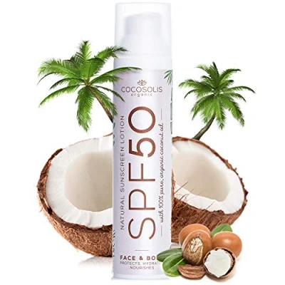 Image of COCOSOLIS Natural Sunscreen Lotion SPF 50 Effective UVA and UVB protection Long lasting Saturated Tan Nourished &amp; Hydrated Skin For Face Body Mineral Sun Block 100% Ingredients
