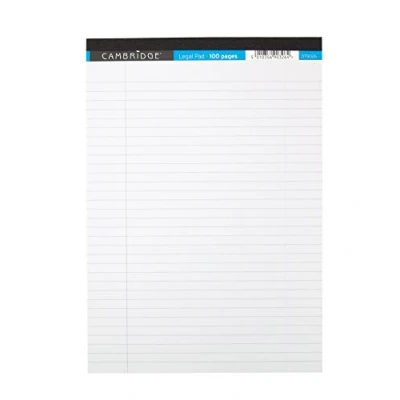 Image of Cambridge A4 Legal Pad, Ruled with Margin, White, 100 Page, Pack of 10