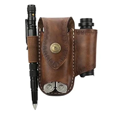 Image of TOURBON Multitool Leather Sheath EDC Pocket Organizer Belt Pouch for Flashlight Pen Knife Holster