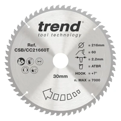 Image of Trend Wood Cordless ATBR Mitre Saw Blade, 216mm Diameter, 30mm Bore, 60 Teeth, TCT, 2.16mm Kerf, +7 Hook, CSB/CC21660T