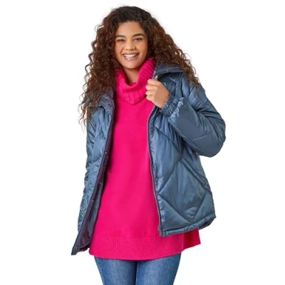 Image of Roman Diamond Quilted Puffer Coat for Women UK Ladies Autumn Everyday Winter Holiday Long Sleeve Soft Zipper Detail Comfy Side Pockets Desk to Dinner Jackets Steel Blue Size 12