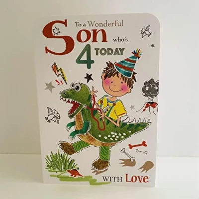 Image of Jonny Javelin Wonderful Son Age 4 Who&#039;s Today Birthday Card Dinosaur