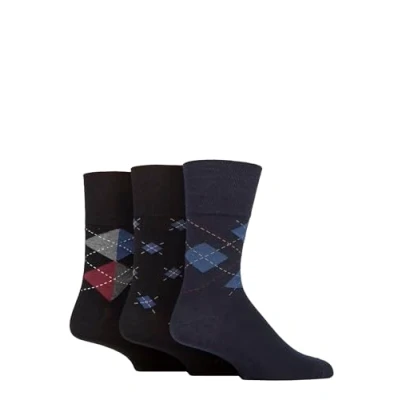Image of Mens 3 Pair Gentle Grip Cotton Argyle Patterned and Striped Socks Bold / Repeat Navy 6 11