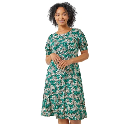 Image of Roman Originals Women Gathered Chest Dress Ladies Stretchy Fit &amp; Flare Swing Tea A Line Skater Knee Length Midi Smart Casual Work Round Neck Going Out Cocktail Party Petite Jade Size 18