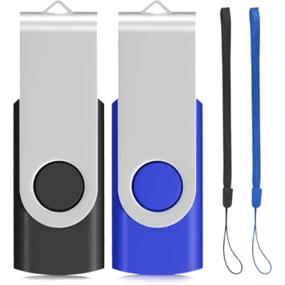 Image of 32GB USB Memory Stick 2Pack, EASTBULL 2.0 Flash Drive Swivel Design Thumb Pen Photo Fold Storage (Black/Blue With Lanyard)