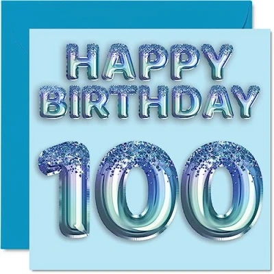 Image of 100th Birthday Card for Men Blue Glitter Party Balloon Happy Cards 100 Year Old Man Great Grandpa Grandad Dad Gran, 145mm x One Hundred Hundredth Greeting Gift