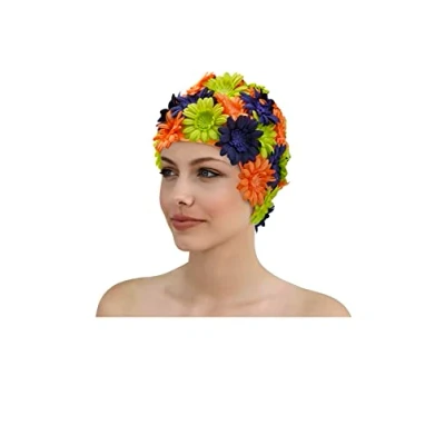 Image of Fashy 3454 Fabric Swimming Cap with Flowers Nylon Orange Blue Green
