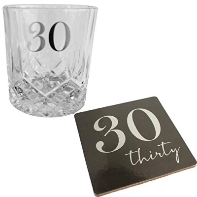 Image of 30th Birthday Gift Cut Glass Whisky Tumbler &amp; Coaster Set Box