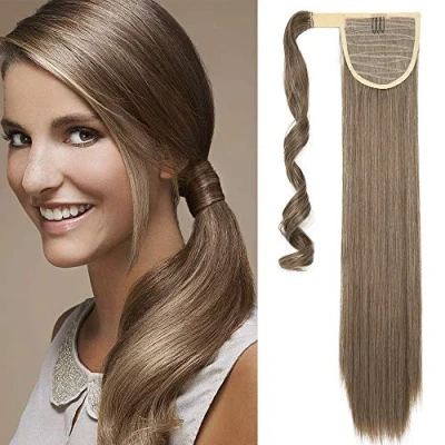 Image of 23&quot; One Piece Wrap Around Ponytail Clip in Hair Extensions Synthetic Straight Silky Hairpiece Long Ash Brown Mix Bleach Blonde(Length:58cm,Weight:90g)