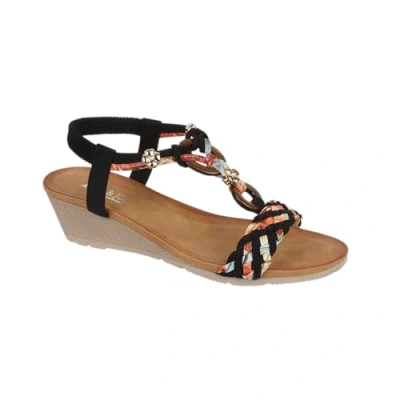 Image of Jo &amp; Joe Ladies Mid Heel Wedge Comfort Sandal with Glitzy Jewels and Elasticated Slingback Strap, Flexible sole sizes 4 8 (Black 2, UK Footwear Size System, Adult, Women, Numeric, Medium, 6)