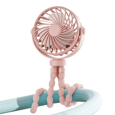 Image of Pram Fan Clip on Stroller, USB Rechargeable Portable with 3 Speeds &amp; Night Light, 360 Battery Mini Stroller Fans for Pram, Buggy, Pushchair, Car, Bike, Camping Travel (Pink)