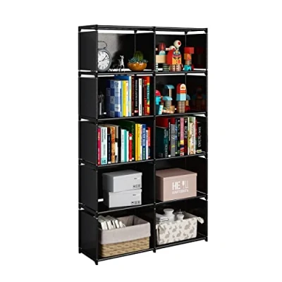 Image of JIUYOTREE 6 Tiers Portable Bookshelf with Fabric Cloth at Back, 10 Cube Closet Storage Organiser Bookcase, Living Room,Study Room,Bedroom, Black