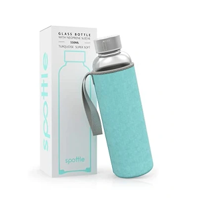 Image of spottle glass water bottle 1 litre with neoprene sleeve borosilicate drinking 500ml, 750ml, 1l lid for kids and adults dishwasher safe