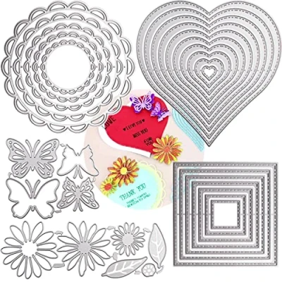 Image of DailyTreasures 5 Set Cutting Dies Stencil, 32Pcs Metal Template Moulds Multi Shape DIY Craft Embossing Tools for Album Scrapbooking Art Decor &amp; Card Making(Heart/Square/Round Lace/Butterfly/Flower)