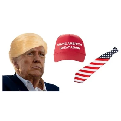 Image of Adults Great American President Cap, Wig &amp; Tie Donald Trump Fancy Dress Accessory Kit [One Size]