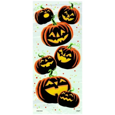Image of Unique Party 40780 Cellophane Pumpkin Grin Halloween Bags, Pack of 20
