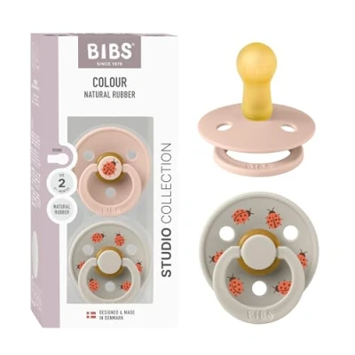 Image of BIBS Colour Studio Soother 2 Pack, BPA Free Dummy Pacifier, Round Nipple. Natural Rubber Latex, Made in Denmark, Size (6 18 Months), Blush/Sand