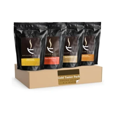 Image of Spiller and Tait Gold Taster Pack Coffee Beans Signature Blend, Spiller’s Gold, Tait’s &amp; Classic Italian Freshly Roasted, 100% Arabica Medium/Strong Roast 4x250g Bags