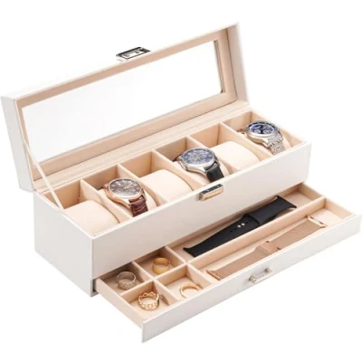 Image of ProCase Watch Box for Men, 6 Slot Display Case With Drawer, Mens Glass Lid, 2 Layer Jewelry and Storage Holder Organizer Men Women Slot, White