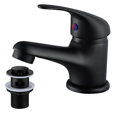 Image of WasserRhythm Black Basin Mixer Tap with Pop Up Waste Bathroom Taps Mixers Monobloc Sink Single Handle Faucet Universal Hoses