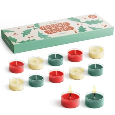 Image of THE TWIDDLERS Pack of 12 Christmas Tealights 4 Red, Dark Green, White Perfect for Holiday Decorations, and Festive Table Settings Heat Safe Holders 6 Hours Burn Time