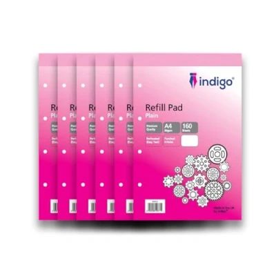 Image of indigo® A4 Refill Pad 160 Pages Headbound Perforated Punched Hole (Pack 6, Plain)
