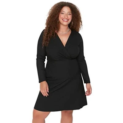 Image of Trendyol Women Plus Size Mini Double Breasted Slim fit Knitted Dress Schwarz