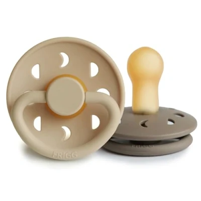 Image of FRIGG Moon Phase Latex Pacifier Pack of 2 Natural Rubber Soother Dummy BPA Free Made in Denmark Symmetrical Cherry Shaped Nipple (Croissant Portobello, Size (6 18 Months))