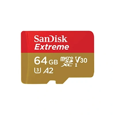 Image of SanDisk 64GB Extreme microSDXC card +SD adapter, microSD for smartphones, action cameras, drones, V30, up to 170 MB/s, QuickFlow Technology, RescuePro Deluxe, UHS I, 4k, A2, C10, U3
