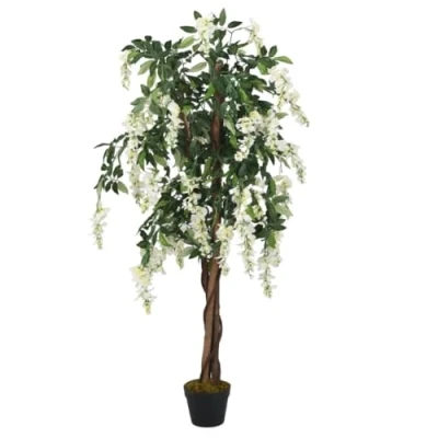 Image of &#039;vidaXL Artificial Wisteria Tree Plant with Green and White Leaves Low Maintenance Indoor/Outdoor Faux Wood Trunk, Textile Fibre Comes in Round Plastic Pot