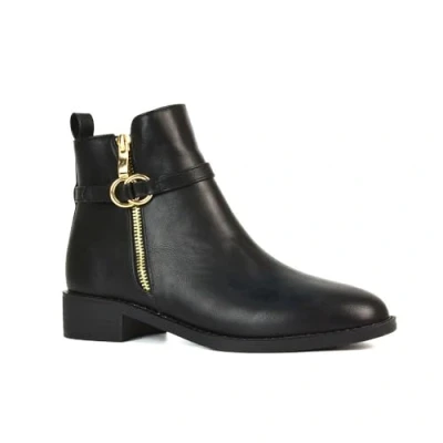 Image of ESSEX GLAM Women&#039;s Chelsea Boots Ladies Flat Low Heel Pixie Deco Buckle Zip Black Synthetic Leather Casual Ankle Booties Shoe Size 5