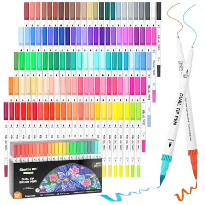 Image of Shuttle Art Dual Tip Brush Pens Set, 120 Colours Ultra Fine and Markers with 1 Colouring Book for Kids Adult Calligraphy Lettering Journal Doodling