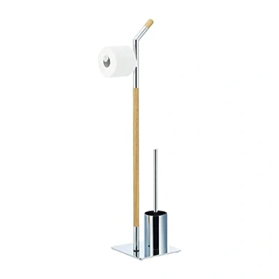 Image of Relaxdays Butler with Paper Holder, Toilet Brush Container, Silver Natural, H x W D 90 24 20 cm