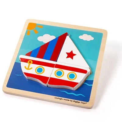 Image of Bigjigs Toys, Chunky Lift Out Puzzle Boat, Wooden Shapes Puzzle, Toddler Puzzles, Jigsaw For Kids, Puzzles 1 2 3 year Olds, Toys