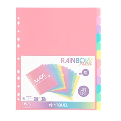 Image of Viquel Pack of 12 Plastic Rainbow Pastel Dividers Maxi Format (24.5 x 30.5 cm) for A4 or Lever Arch File Colours