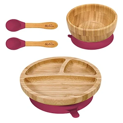 Image of Vinsani Bamboo Bowl, Round Plate and Spoon Set for Baby/Toddler, Suction Plate, Stay Put Design, Hypoallergenic BPA Free (Red)