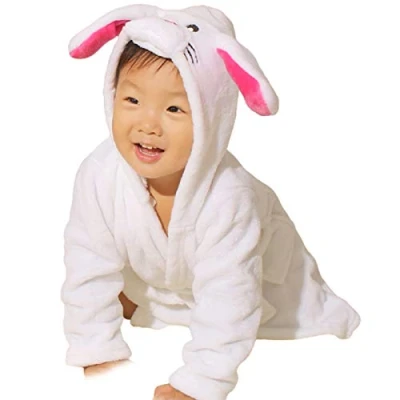 Image of Baby Boys &amp; Girls Unisex Dressing Gown 0 24 Months Soft Plush Flannel Fleece Hooded Bath Robe Animal Face Bathrobe for Babies Toddles Newborn White Rabbit 6 12
